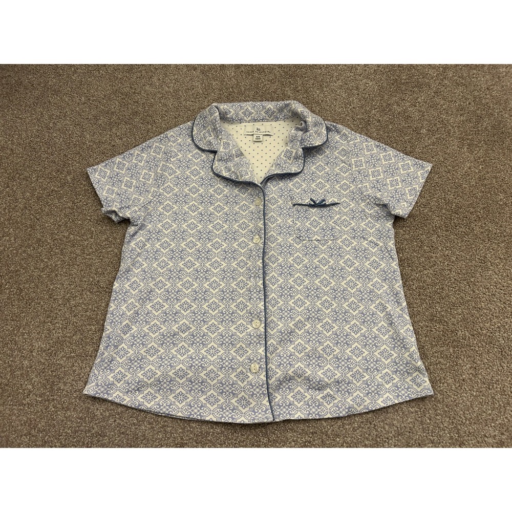 Karen Neuburger Pajama Top Medium Blue White Geometric Short Sleeve Excellent
